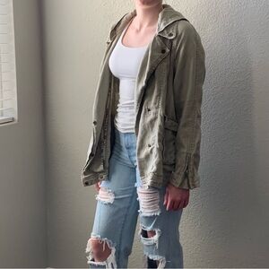 Free People Linen Military Utility Cargo Jacket with Hood